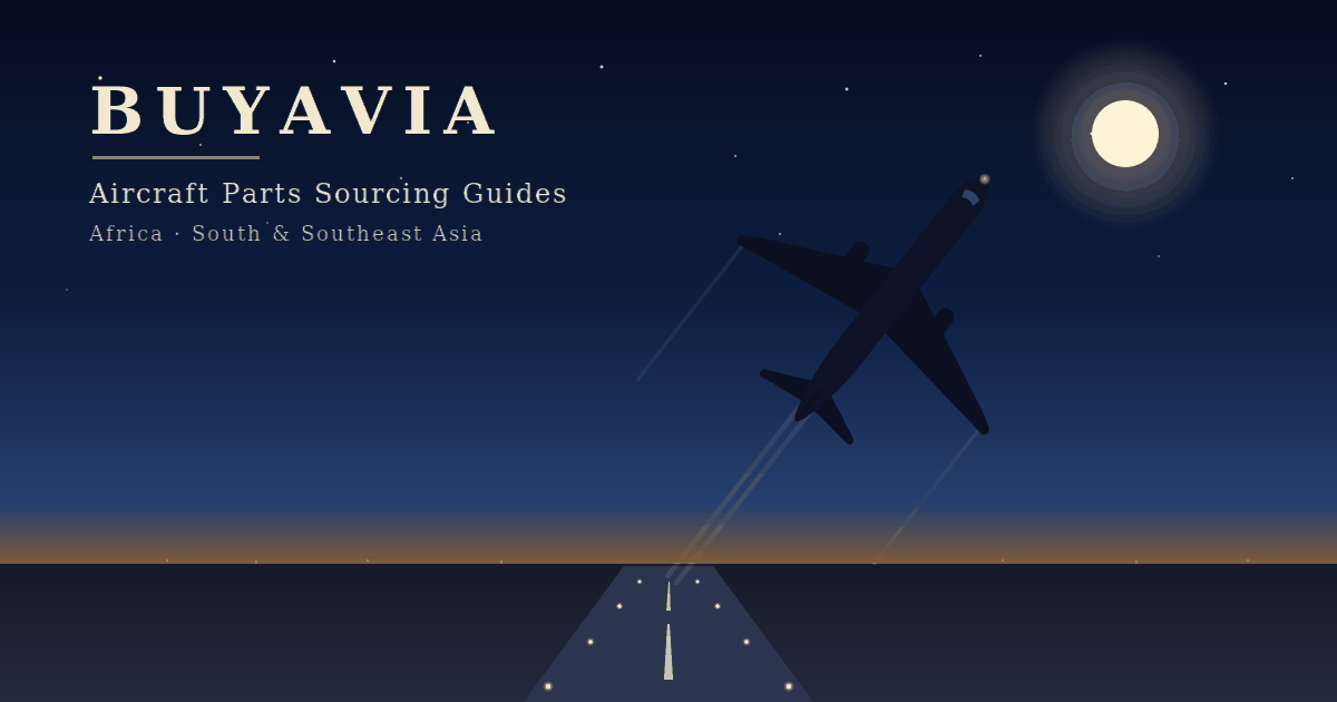 Airliner climbing from a night runway toward the moon - BuyAvia aircraft parts sourcing guides